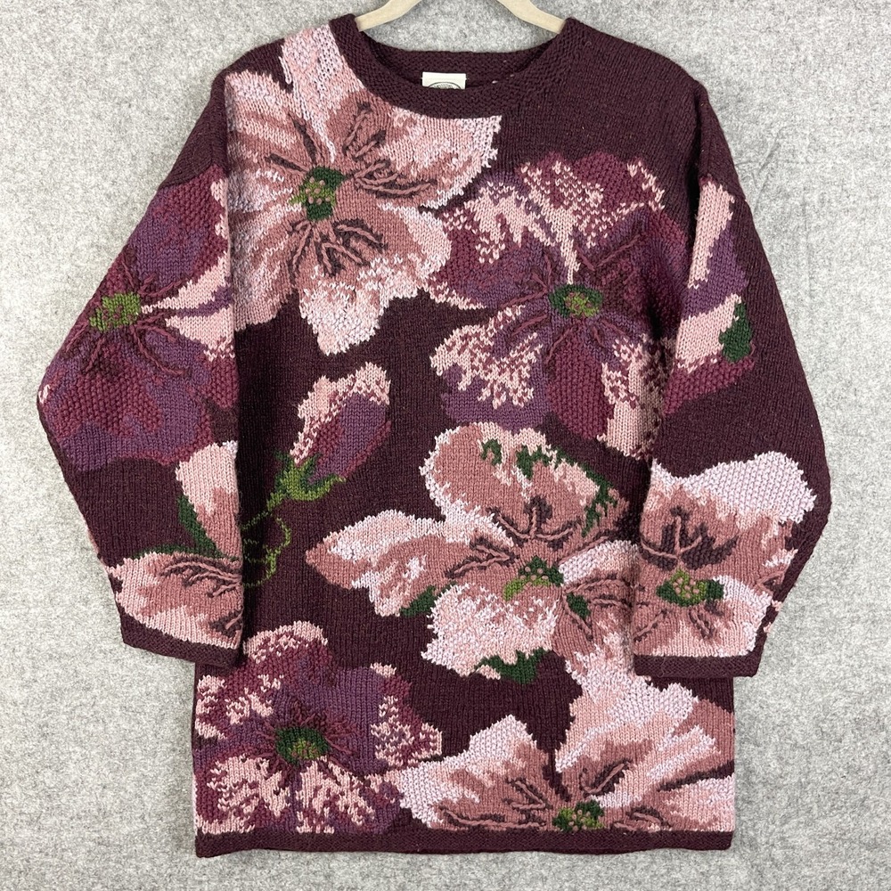 VTG Laura Ashley Sweater Womens Medium Floral Knit Embroidery Cottage Grandma